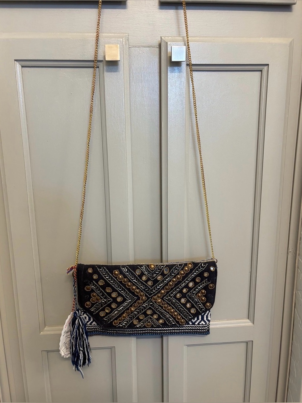 Blue Boho Purse with Gold Chain Strap NWT